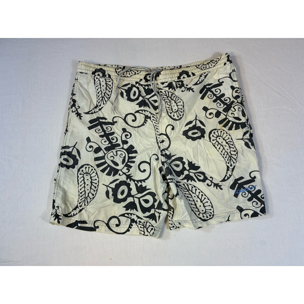 Speedo Men's Medium Swim Trunks Board Shorts Cream Black Paisley Floral Mesh